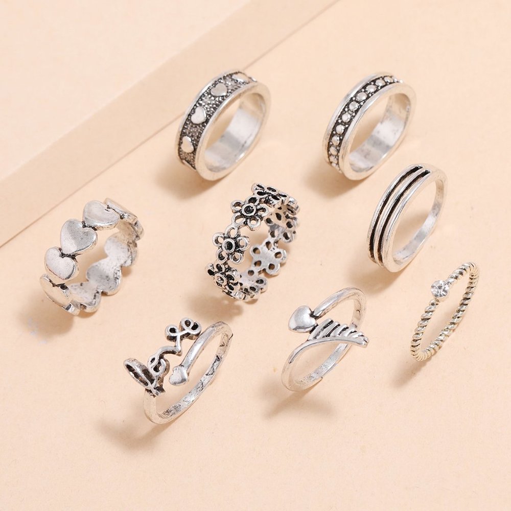 Hearts & Flowers 8  piece Ring Set - Picture 2 of 3